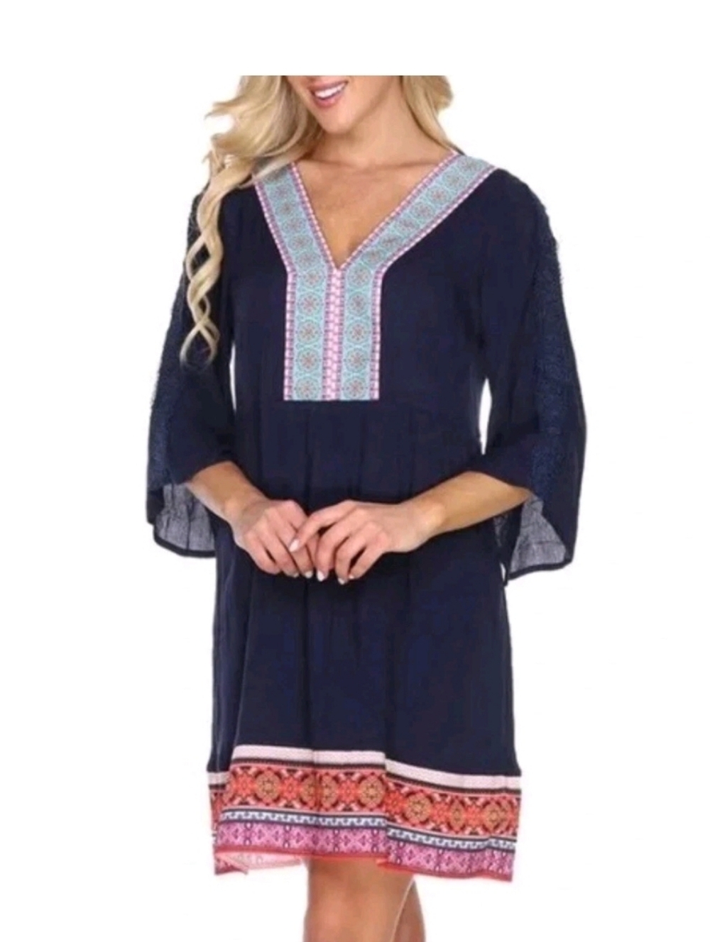 White Mark Gabrielle Navy Blue Gauze Boho Festival Peasant Dress Lined L Gypsy‎